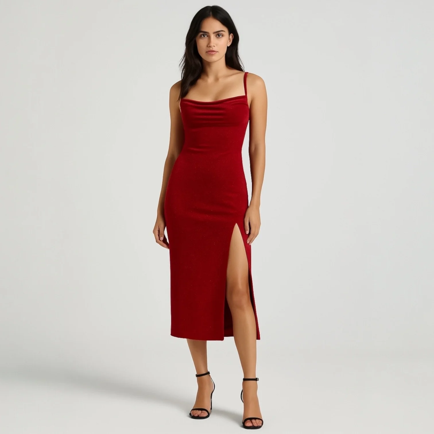 NEW Windsor Red Sleeveless Cowl Neck Glitter Cami Slit Tank Slip Midi Dress S - Image 2