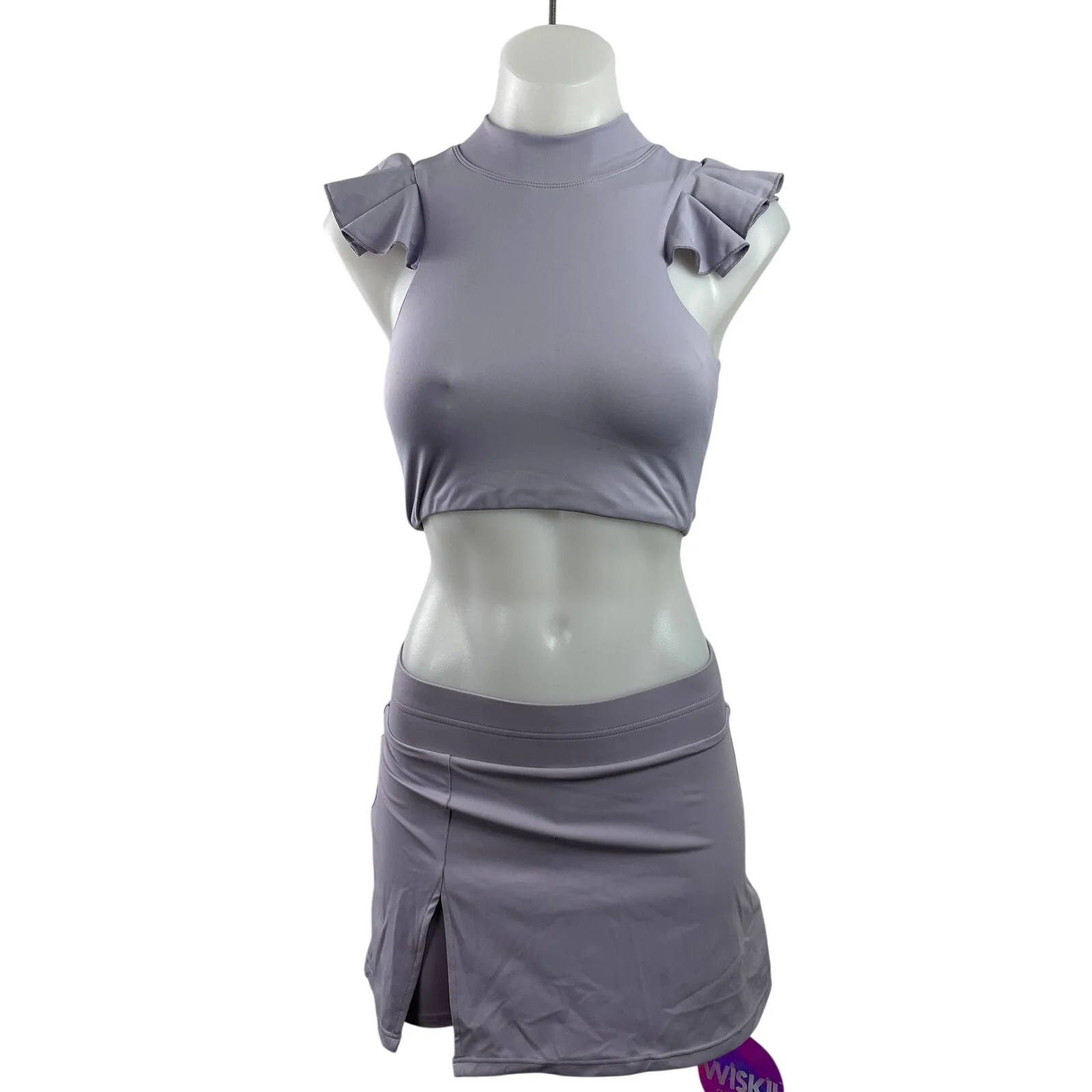 NEW WISKII Purple Lilac Ruffle Sleeveless Crop Top Slit Mini Skirt Set Size S