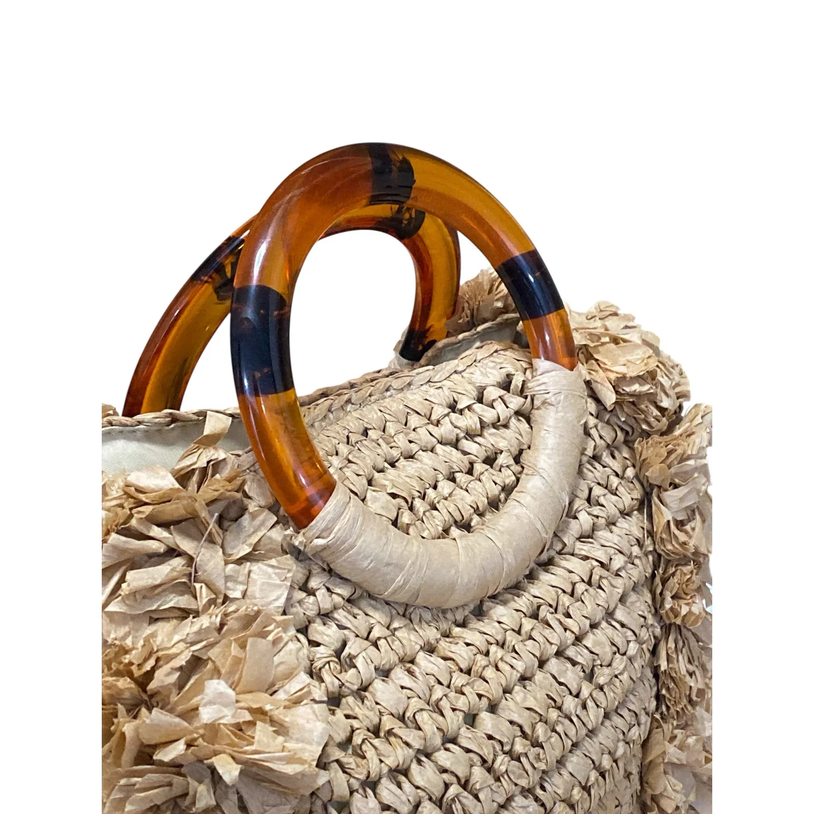NEW Womens Woven Straw Round Resin Handle Fringe Shoulder Crossbody Handbag OS - Image 2