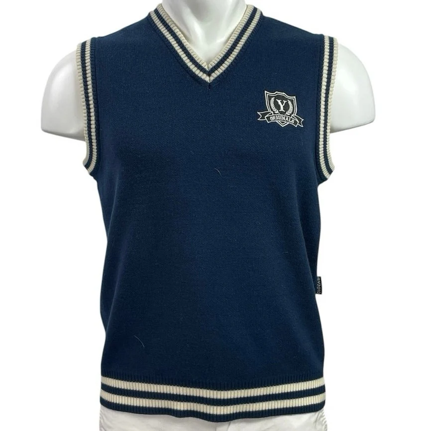 NEW YoMe Men's Navy Blue Knit V Neck Striped School College Sweater Vest Size S - Image 4
