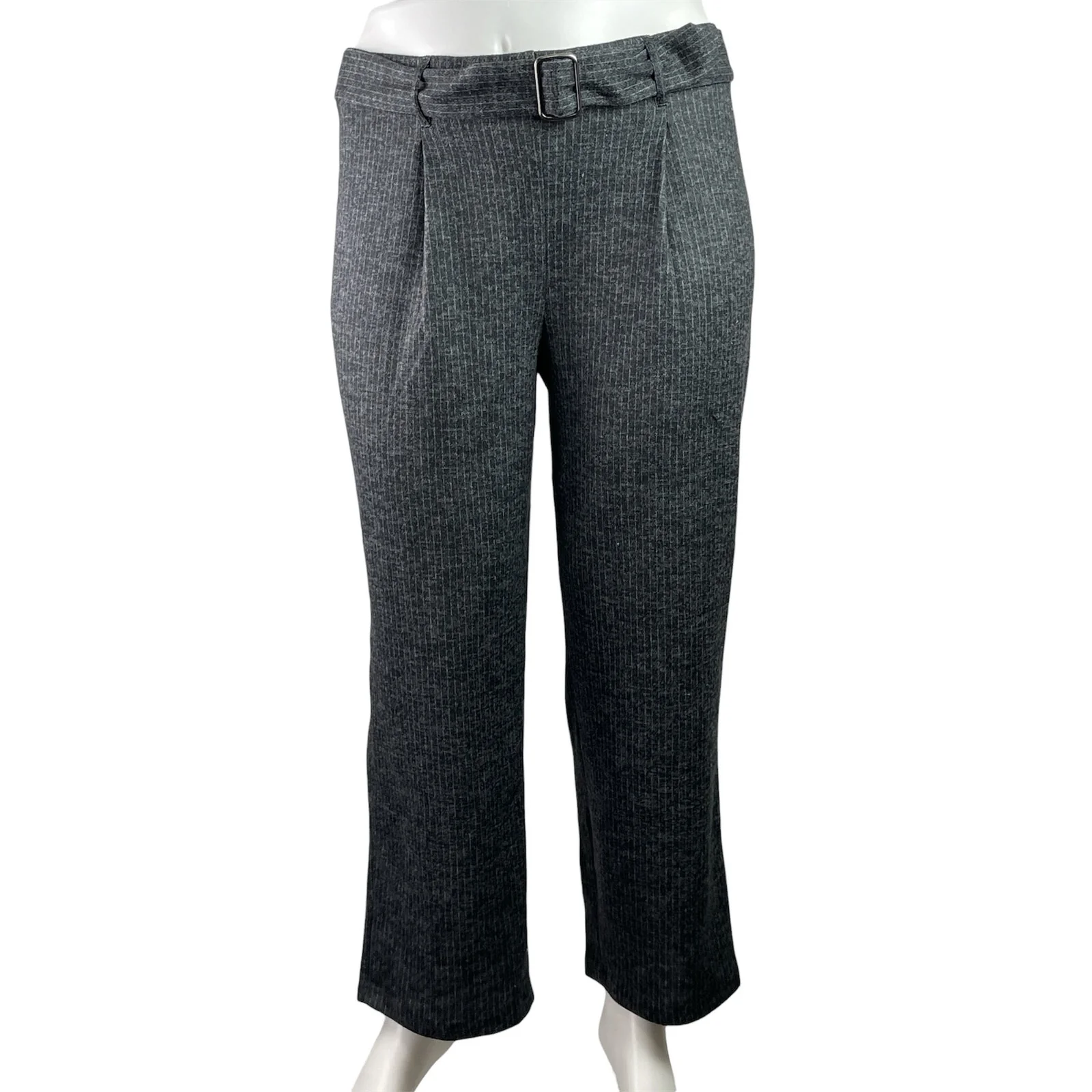 New York Clothing Black Striped Pleated Belted Straight Leg Trousers Pants Sz 1X
