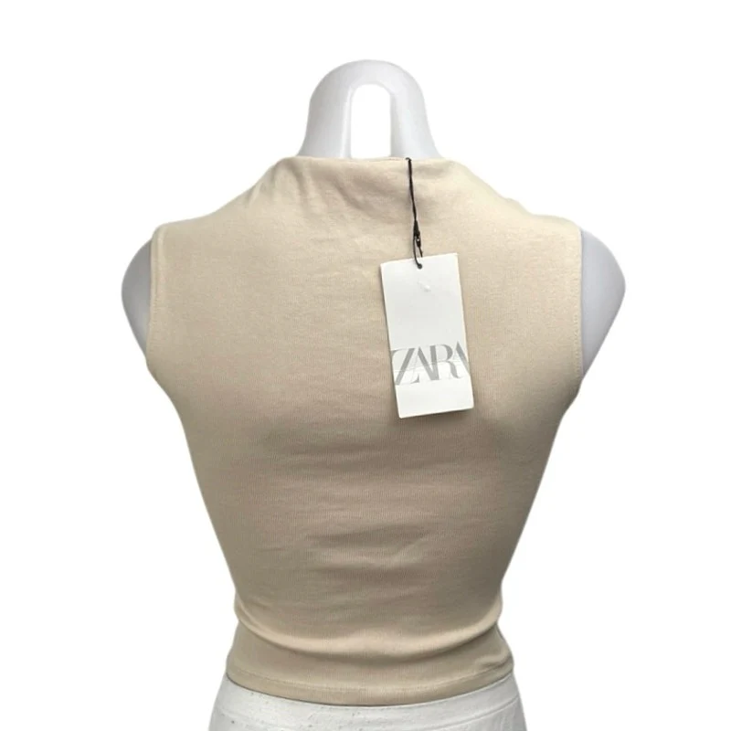 NEW Zara Beige Sleeveless Mock Neck Tank Knit Vest Sweater Crop Top Size S - Image 2