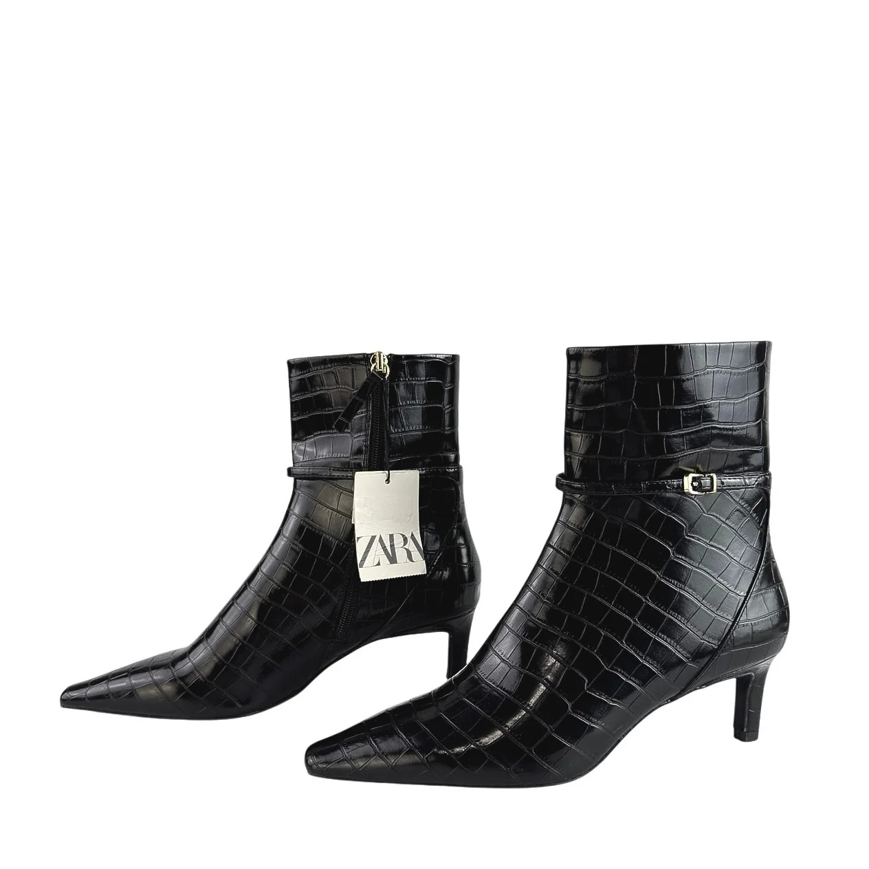 NEW Zara Black Croc Leather Buckle Pointed Toe Heeled Ankle Boots Size 41/US 10 - Image 6