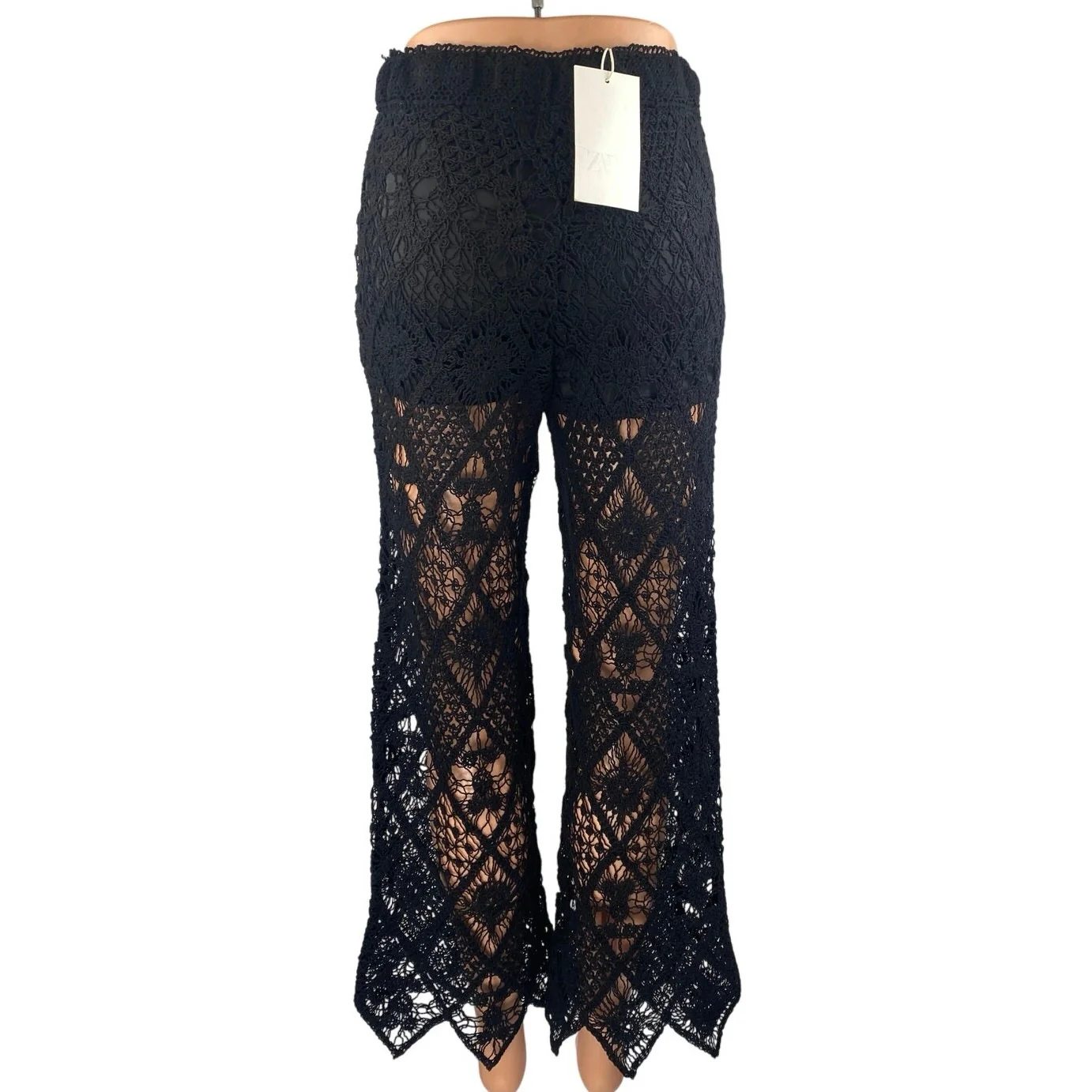 NEW Zara Black Crochet High Waist Sheer Wide Leg Cover Up Trousers Pants Size XS - Image 3
