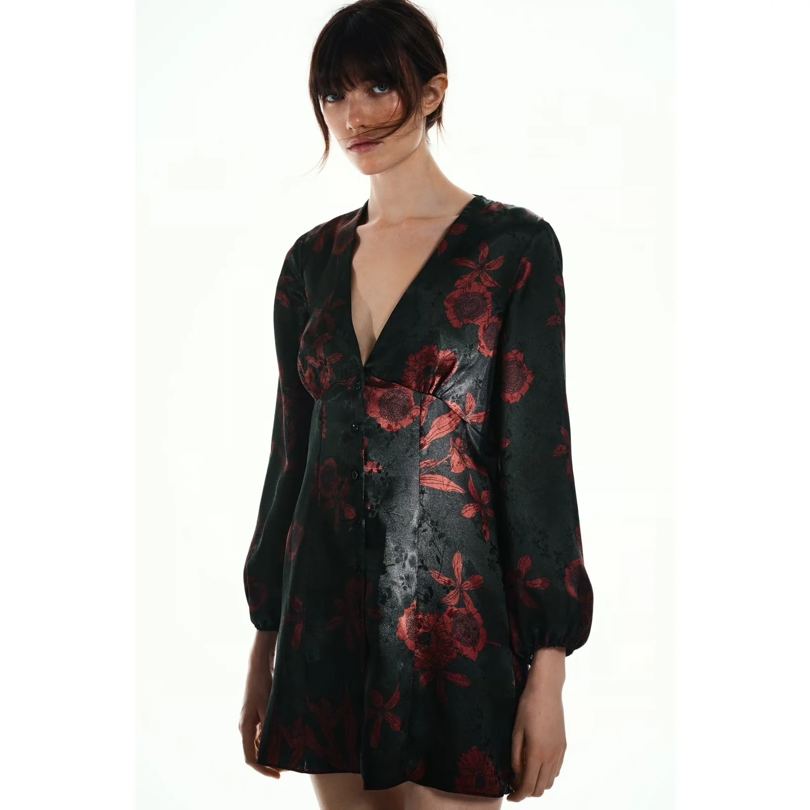 NEW Zara Black Red Floral Silk Satin Long Sleeve V-neck Mini Fit & Flare Dress L - Image 2