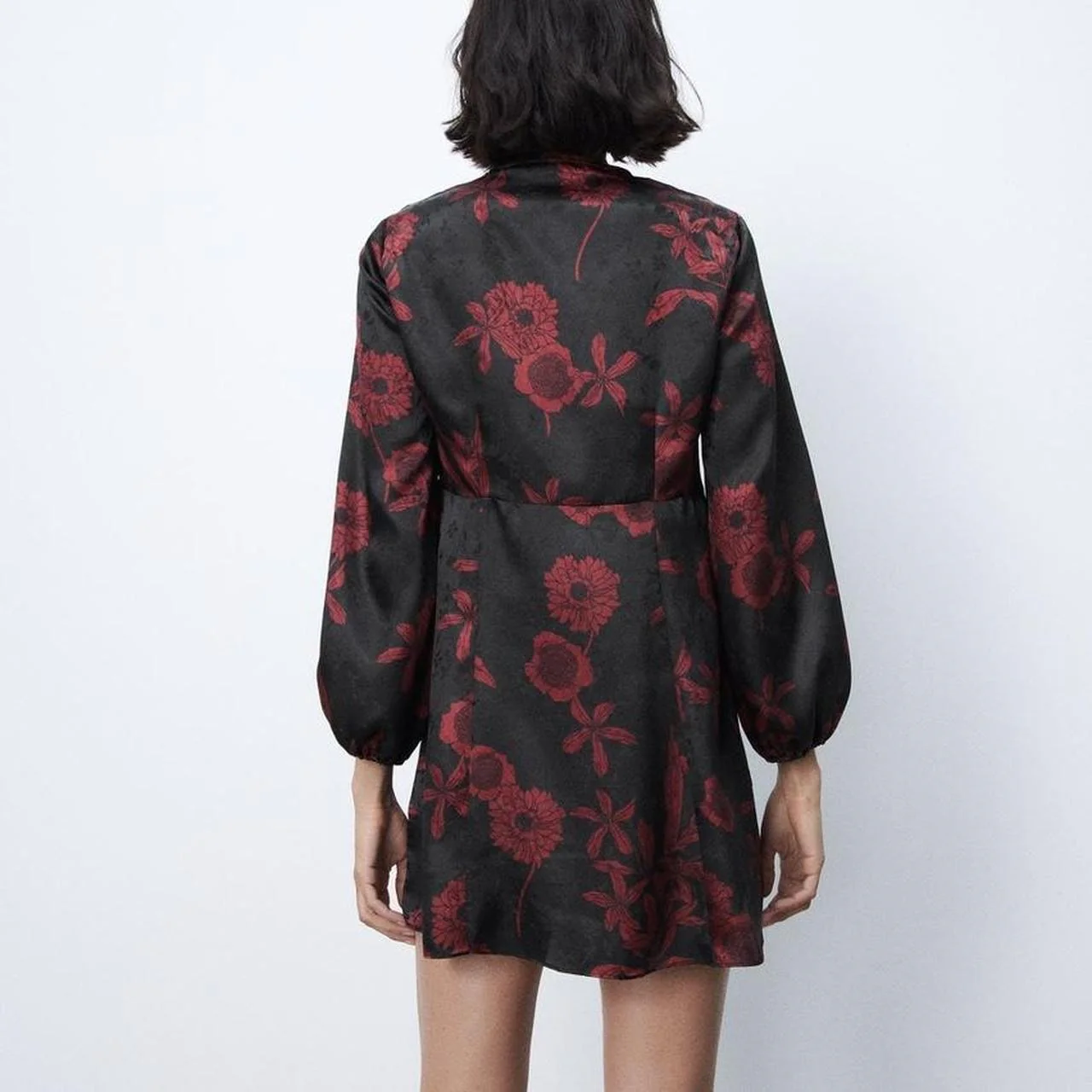 NEW Zara Black Red Floral Silk Satin Long Sleeve V-neck Mini Fit & Flare Dress L - Image 3