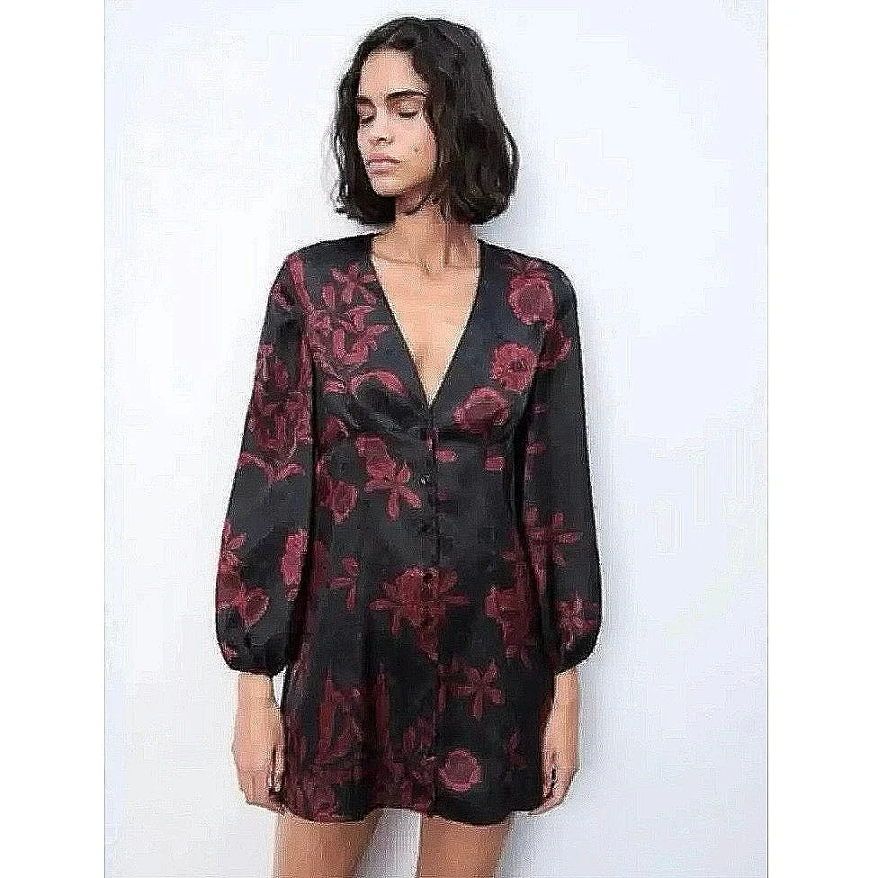 NEW Zara Black Red Floral Silk Satin Long Sleeve V-neck Mini Fit & Flare Dress L - Image 4