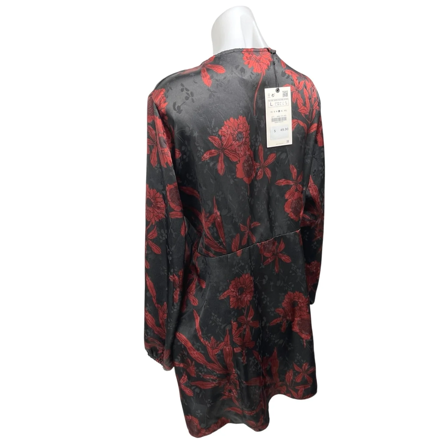 NEW Zara Black Red Floral Silk Satin Long Sleeve V-neck Mini Fit & Flare Dress L - Image 5