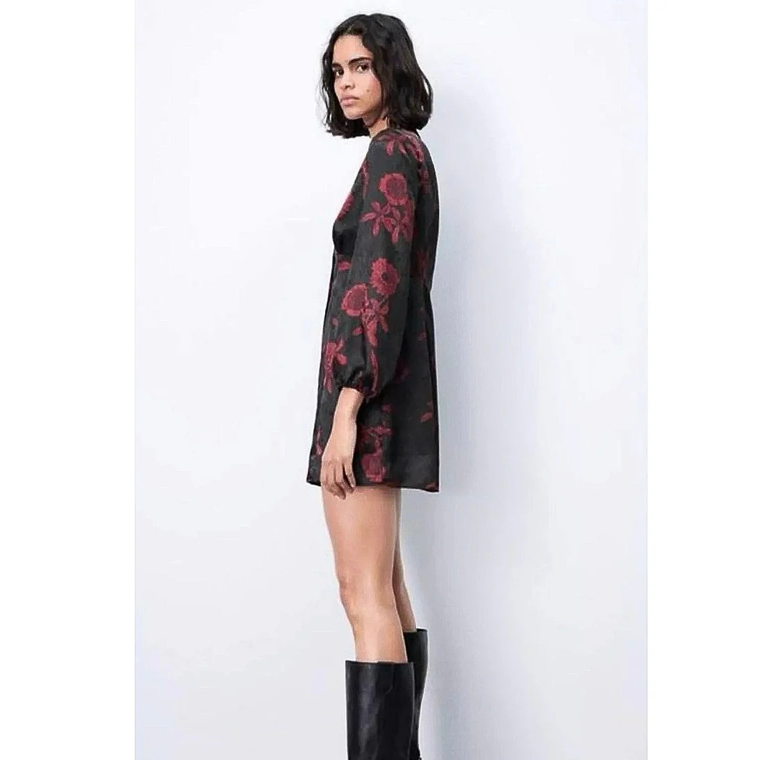 NEW Zara Black Red Floral Silk Satin Long Sleeve V-neck Mini Fit & Flare Dress L - Image 9