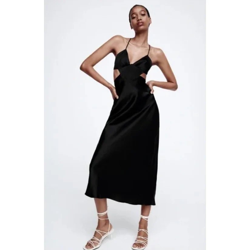 NEW Zara Black Silk Satin Sleeveless Cutout V Neck Strappy Midi Slip Dress Sz XS - Image 3
