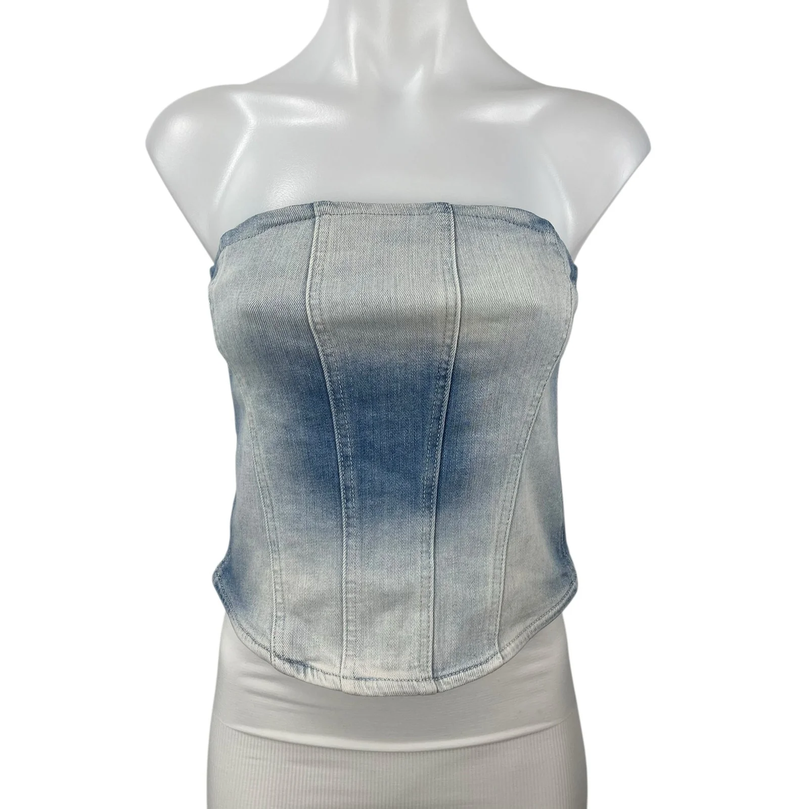NEW Zara Blue Light Wash Strapless Tube Bandeau Zip Denim Jean Crop Top Size XS