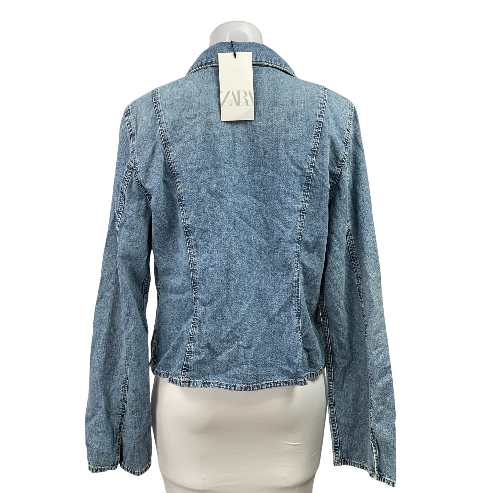NEW Zara Blue Long Sleeve Collar Tie Knot Denim Jean Jacket Shirt Top Size XL - Image 3