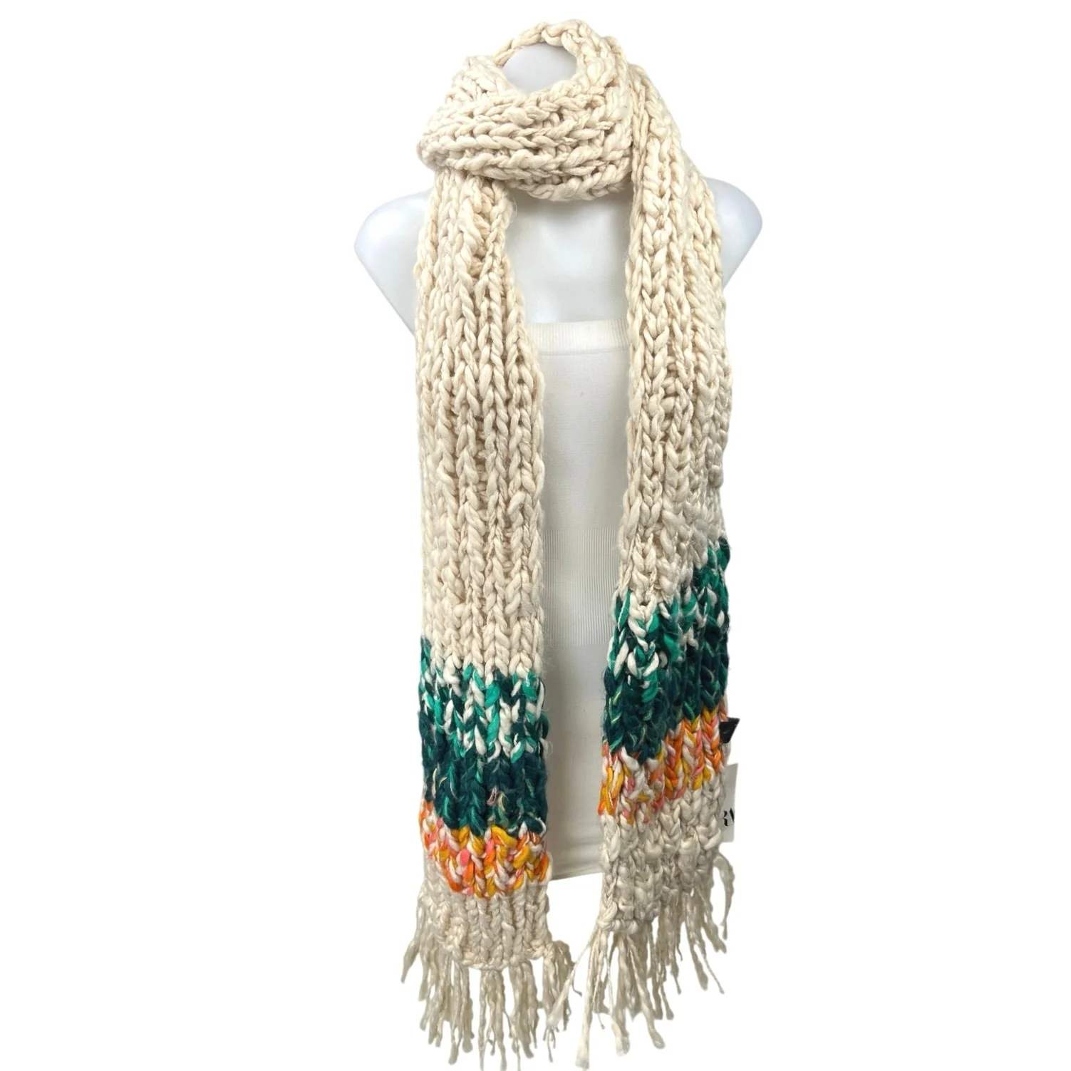 NEW Zara Cream Green Orange Crochet Chunky Knit Fringe Hem Boho Neck Scarf Sz M - Image 3