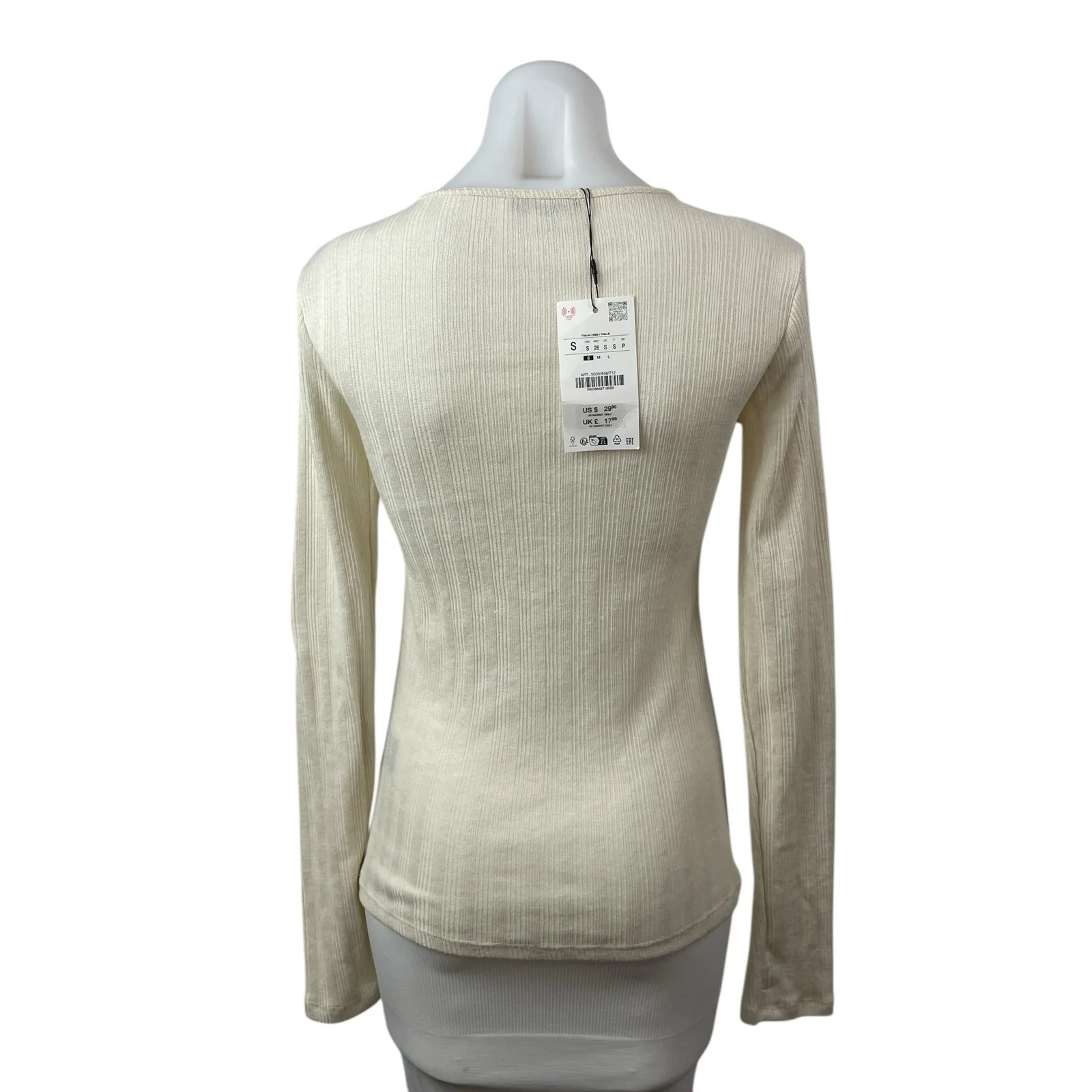 NEW Zara Cream Pointelle Ribbed Crew Neck Long Sleeve Sweater T-Shirt Top Size S - Image 4
