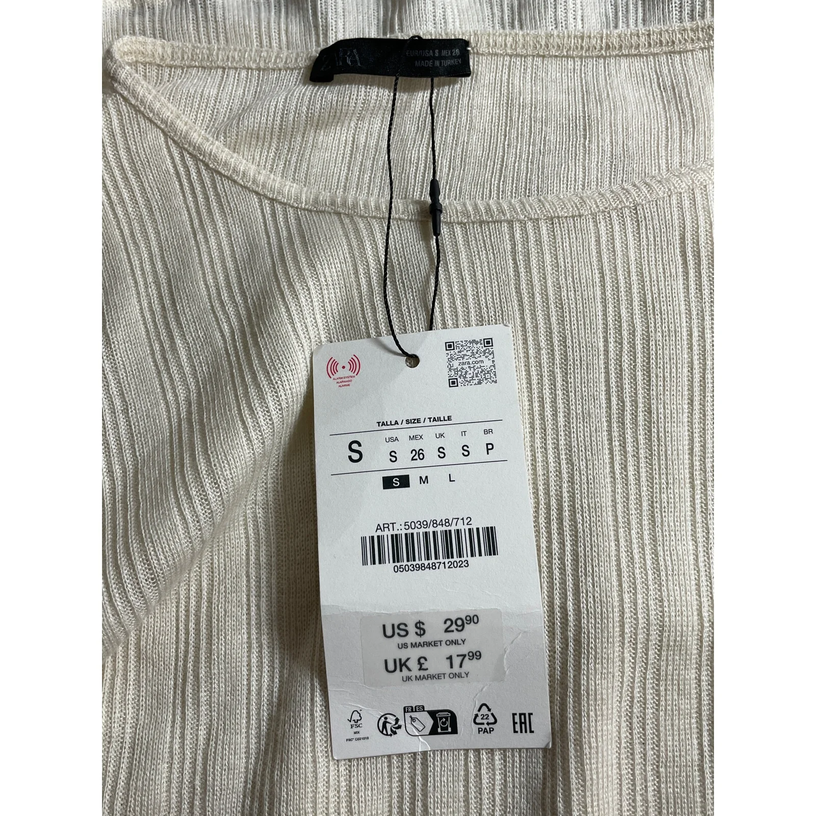 NEW Zara Cream Pointelle Ribbed Crew Neck Long Sleeve Sweater T-Shirt Top Size S - Image 5