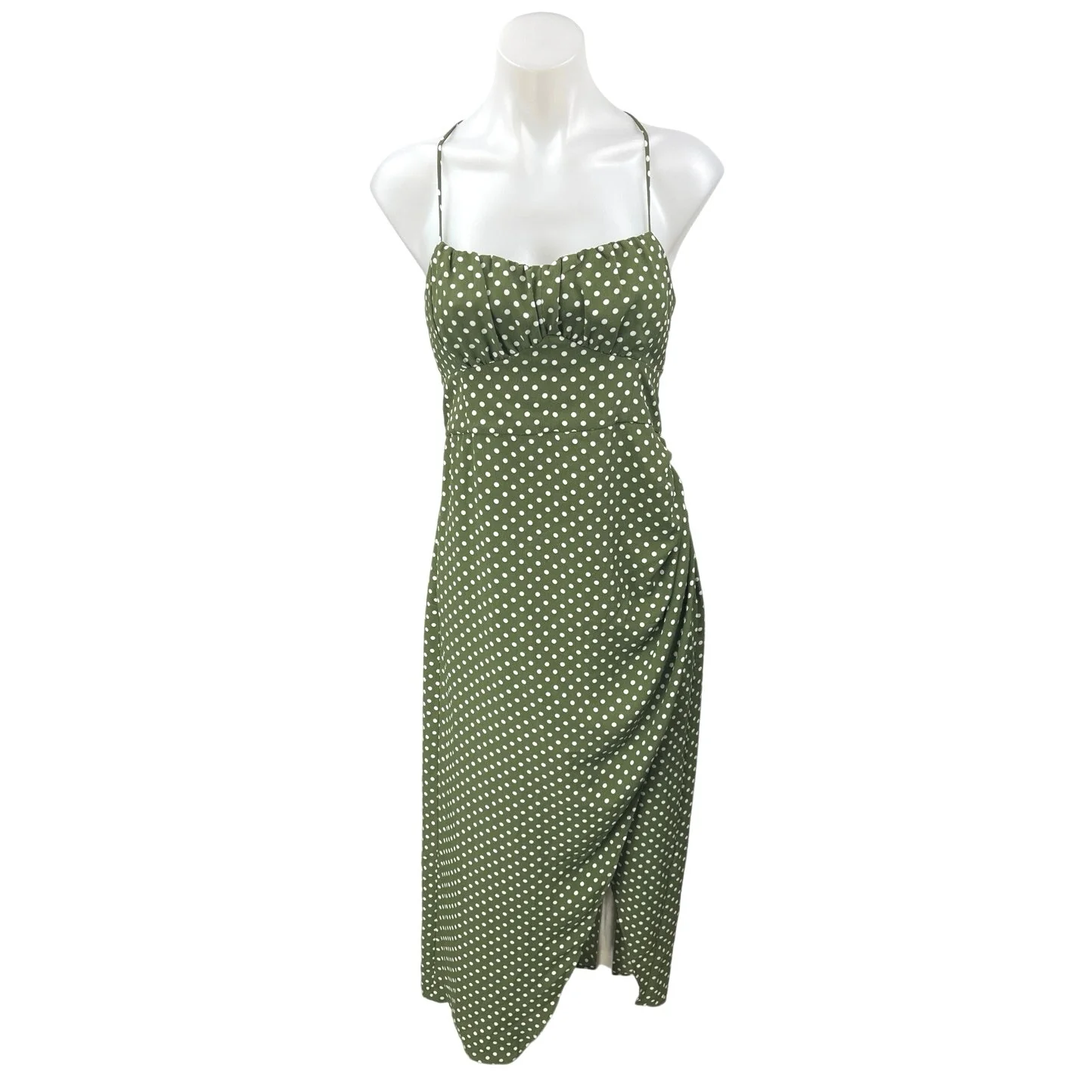 NEW Zara Green Polka Dots Sleeveless Cami Camisole Midi Tank Wrap Dress Size M