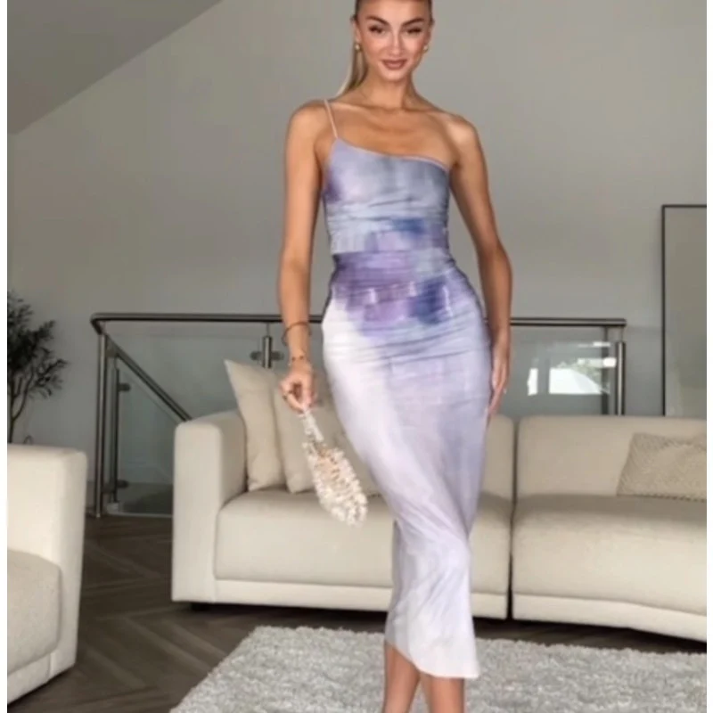 NEW Zara Purple Lilac Tie Dye One Shoulder Sleeveless Ruched Midi Slip Dress XS - Image 4