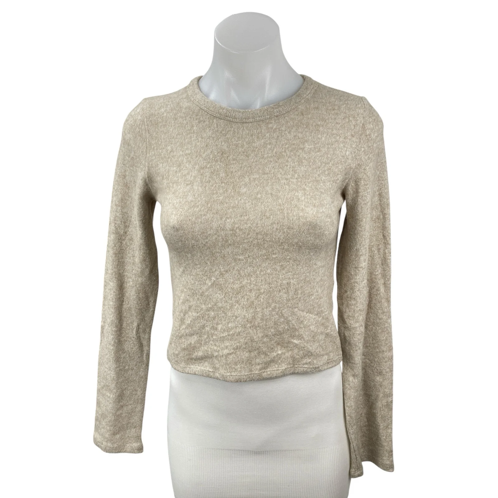 NEW Zara Women's Beige Long Sleeve Crew Neck Knit Slim Crop Sweater Top Size M