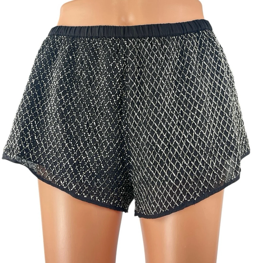 NEW Zara Women's Black Beaded Jeweled High Waisted Wide Leg Casual Shorts Size S - Image 4