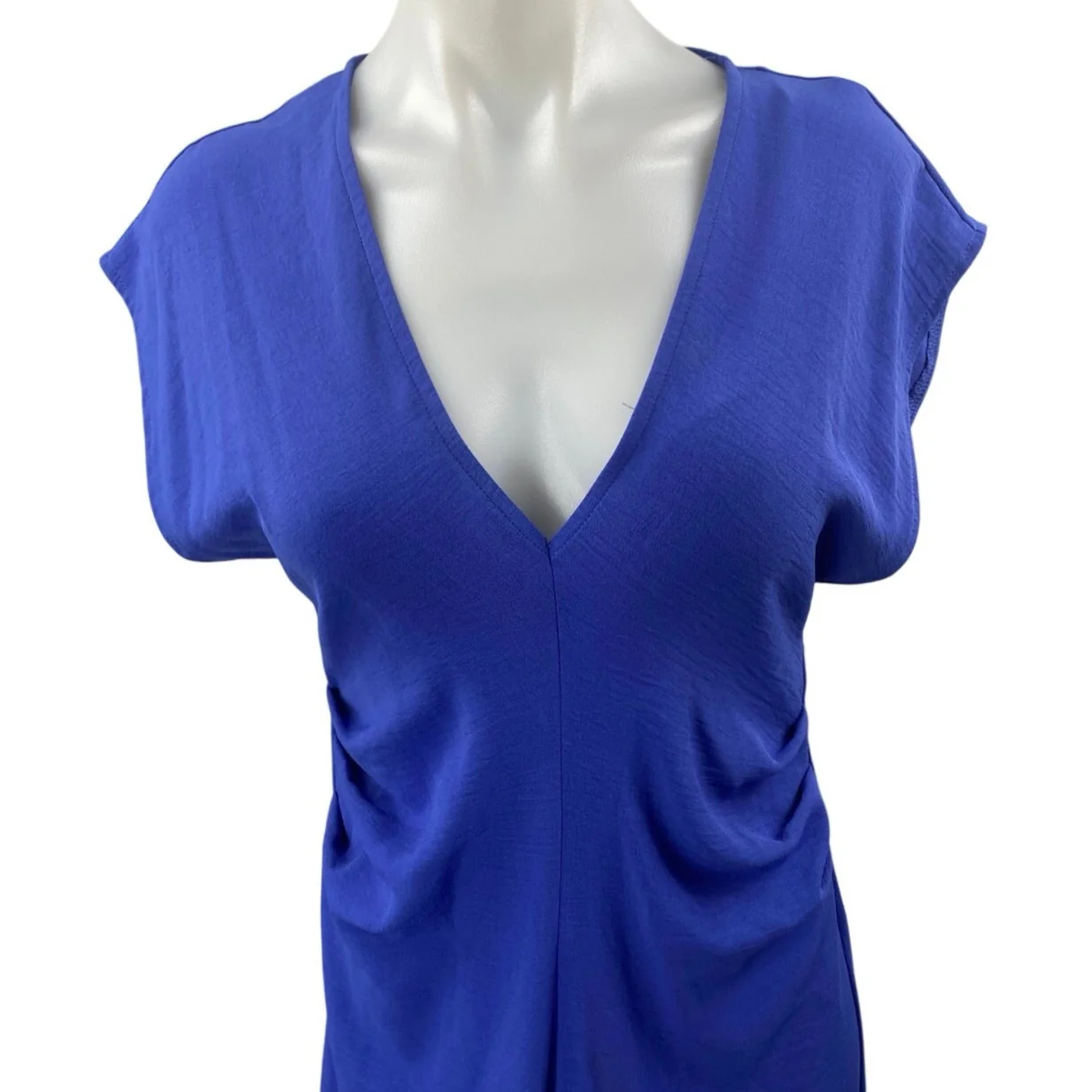 NEW Zara Women's Blue V-neck Ruched Sides Short Sleeve Midi A-Line Dress Size S - Image 3