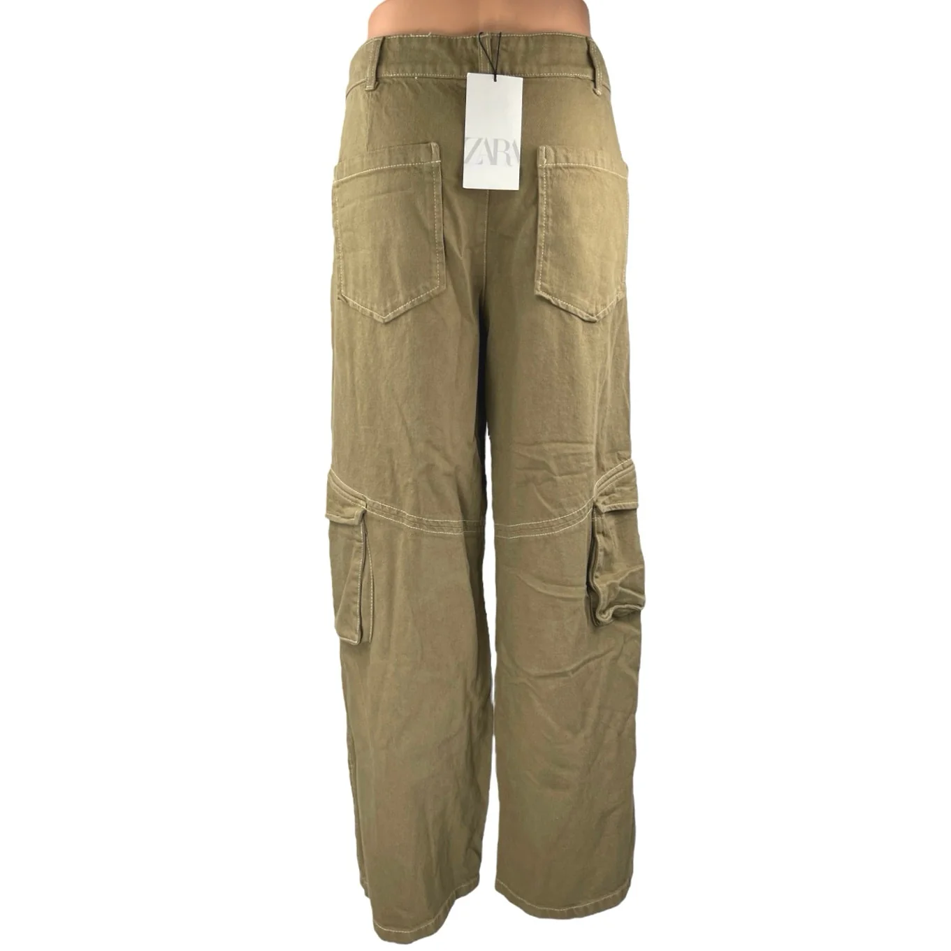 NEW Zara Women's Brown Beige Straight Wide Leg High Waist Cargo Trousers Pants M - Image 3