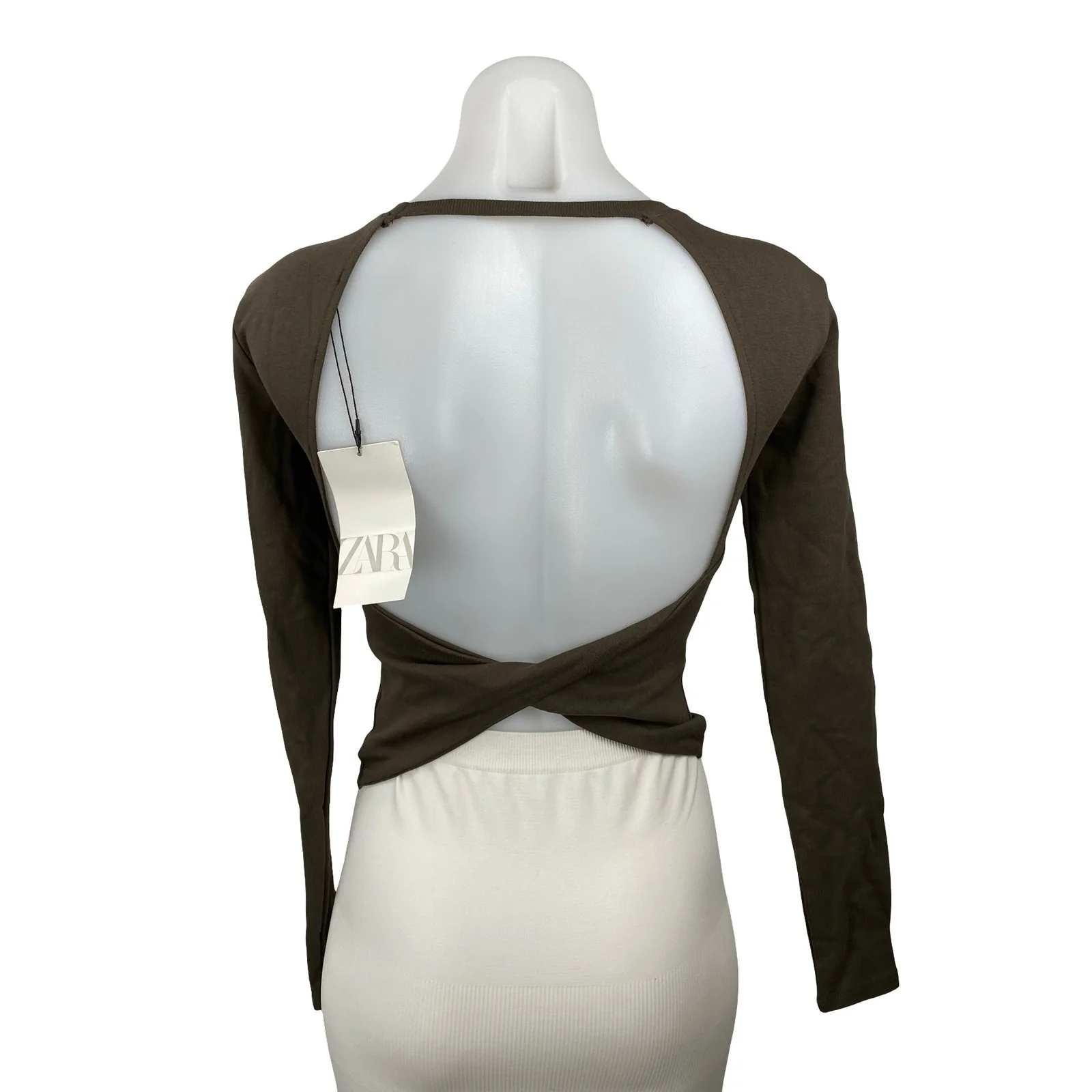 NEW Zara Women's Olive Green Open Back Knit Backless Long Sleeve Crop Top Size S - Image 4