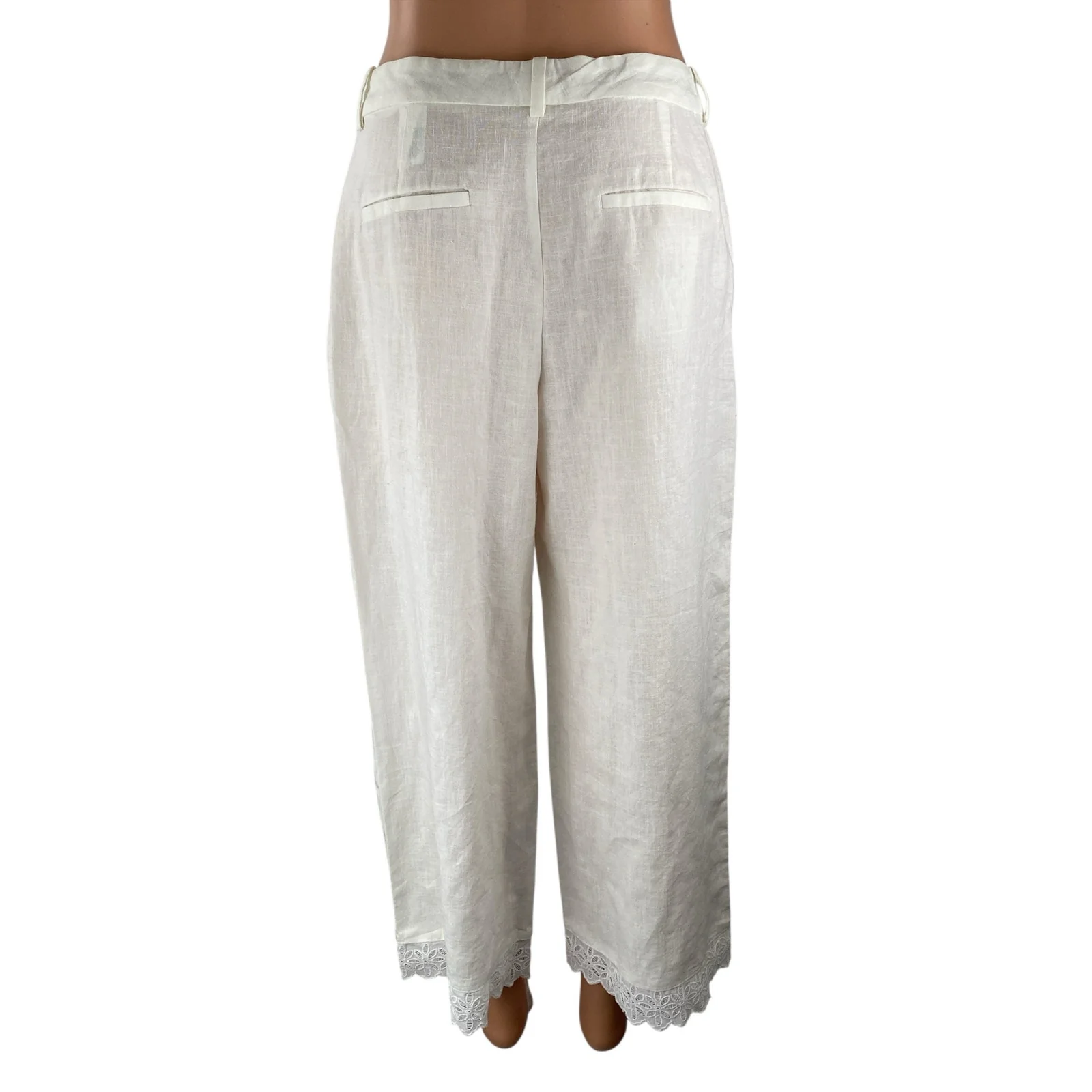 NEW Zara Women's White Floral Embroidered Lace Hem Wide Leg Trousers Pants Sz M - Image 4