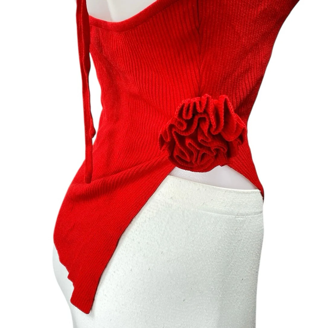 NIA Marais Red Ribbed Knit One Shoulder 3D Floral Sleeveless Cami Blouse Top M - Image 4