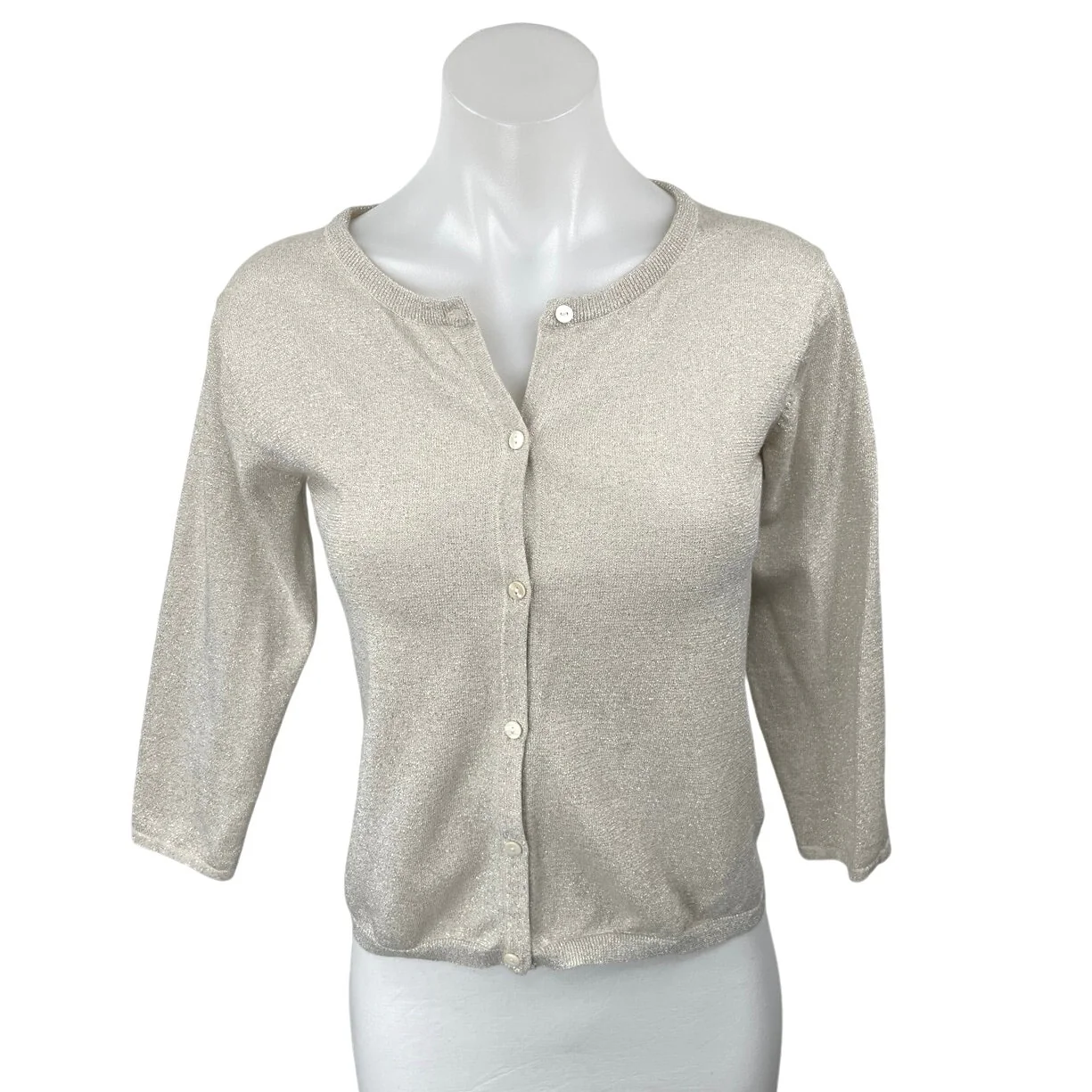 Nice Thing Mini Beige Metallic 3/4 Sleeve Button Crop Cardigan Sweater Top Sz 14