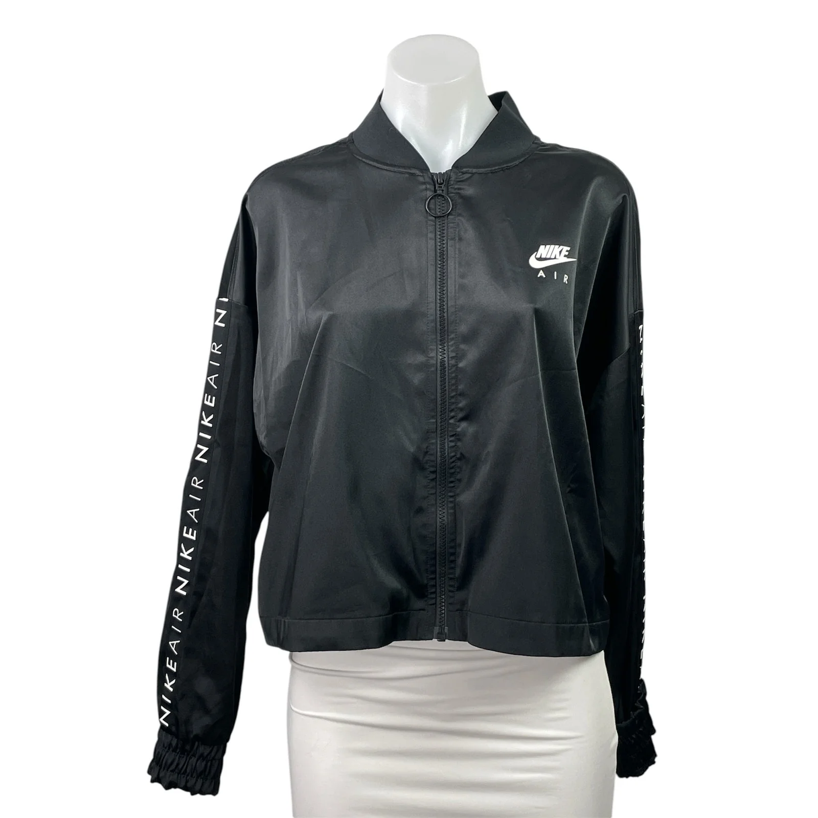 Nike Air Womens Black Satin Zip Up Long Sleeve Crop Track Bomber Jacket Size L
