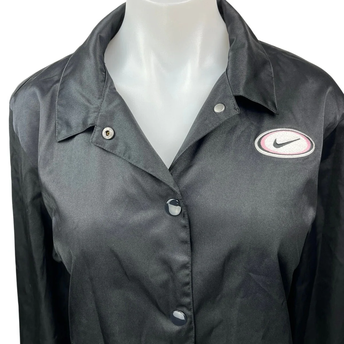 Nike Women's Black Silk Satin Button Down Embroidered Logo Bomber Jacket Top S - Image 3