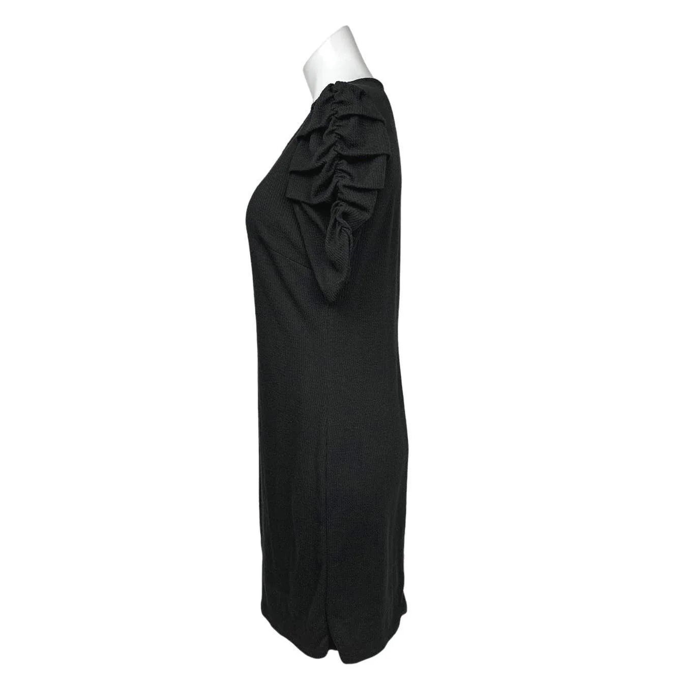 Nine West Black Ribbed Knit V-Neck Short Ruched Sleeve Mini Sheath Dress Size M - Image 2