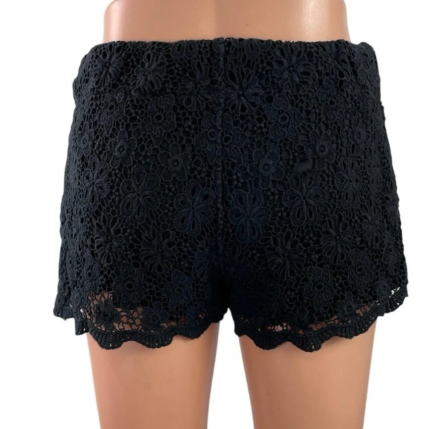 No Boundaries Black Mid Rise Floral Lace Embroidered Drawstring Mini Shorts Sz M - Image 3