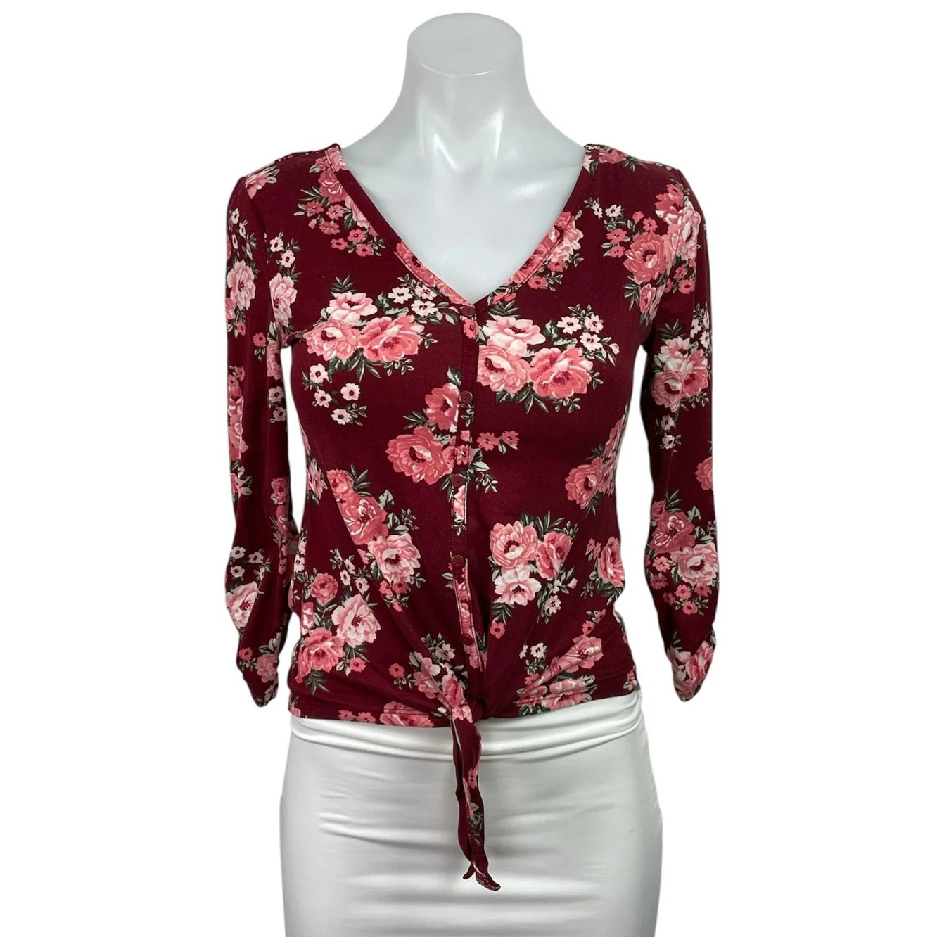 No Boundaries Burgundy Red Vneck Floral 3/4 Sleeve Faux Button Tie Blouse Top XS