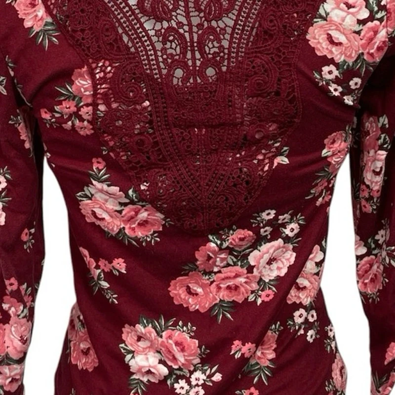 No Boundaries Burgundy Red Vneck Floral 3/4 Sleeve Faux Button Tie Blouse Top XS - Image 4