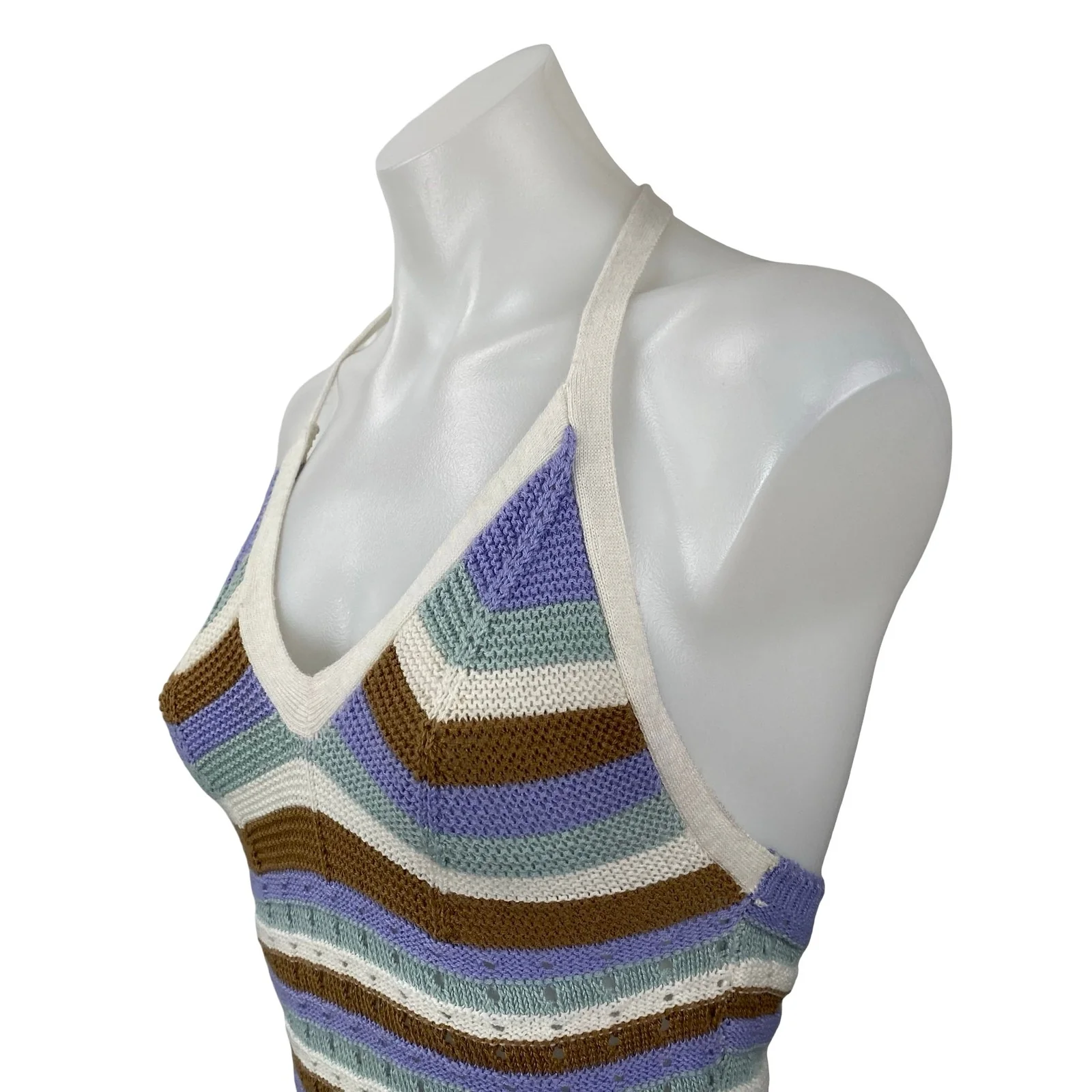 No Comment Multicolor Striped Knit Halter Backless V Neck Mini Bodycon Dress S - Image 2