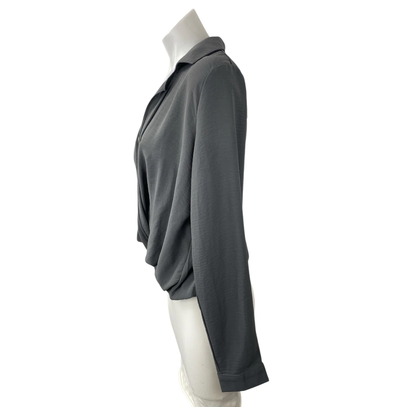 No Less Than Women's Gray Long Sleeve Collared Draped Wrap Front Blouse Top Sz S - Image 3