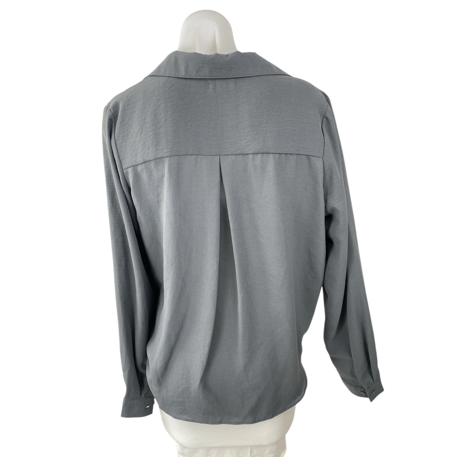 No Less Than Women's Gray Long Sleeve Collared Draped Wrap Front Blouse Top Sz S - Image 4