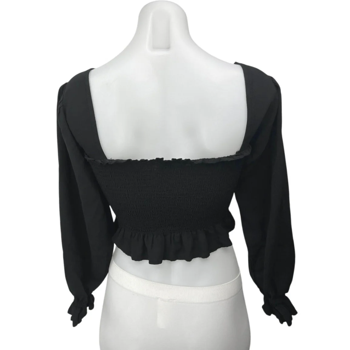 Nordstrom BP Black Smocked Ruffle Balloon Sleeve Square Neck Crop Blouse Top XXS - Image 2