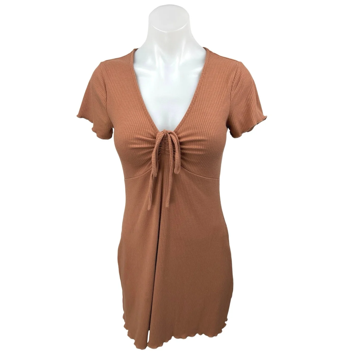 Nordstrom BP Brown Rib Knit Short Sleeve V-Neck Ruched Tie Mini Bodycon Dress S