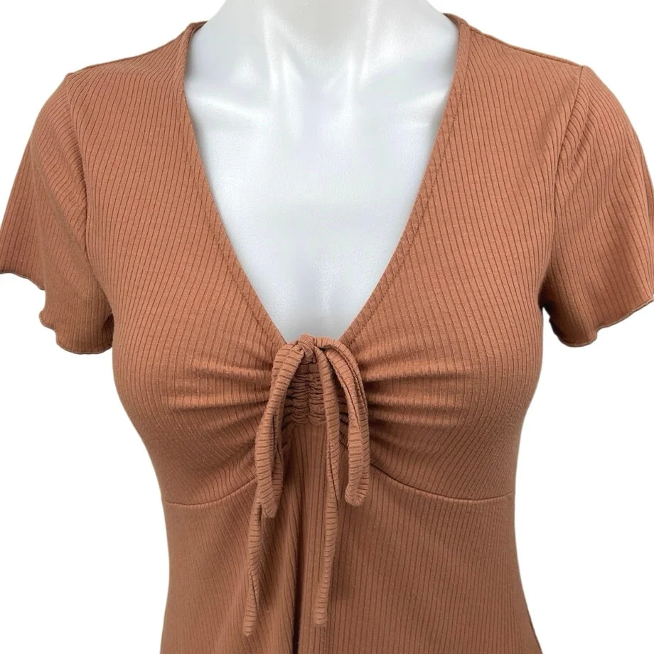 Nordstrom BP Brown Rib Knit Short Sleeve V-Neck Ruched Tie Mini Bodycon Dress S - Image 3