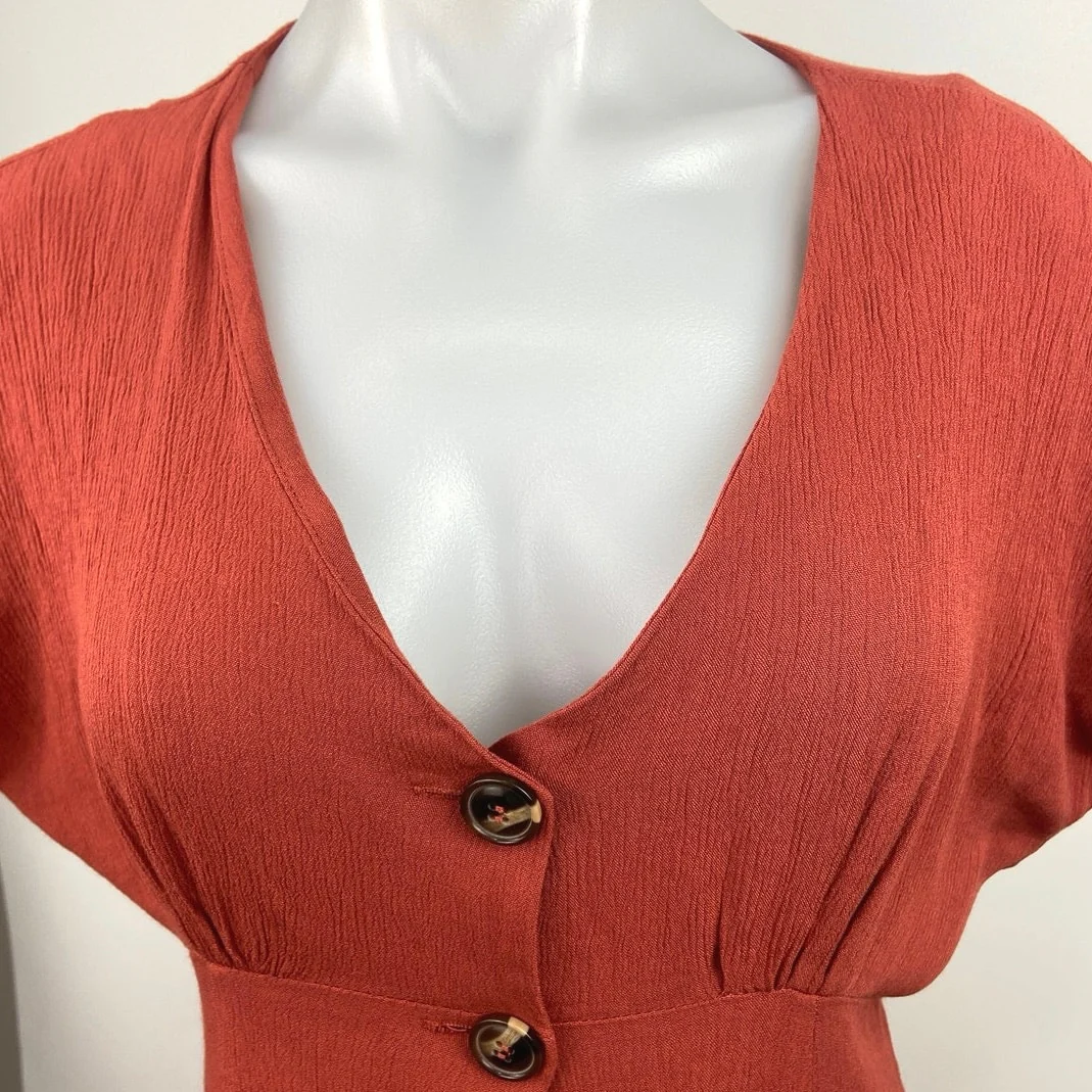 Nordstrom BP Orange Button Front Prairie V-neck Short Sleeves Mini Dress Size XS - Image 3