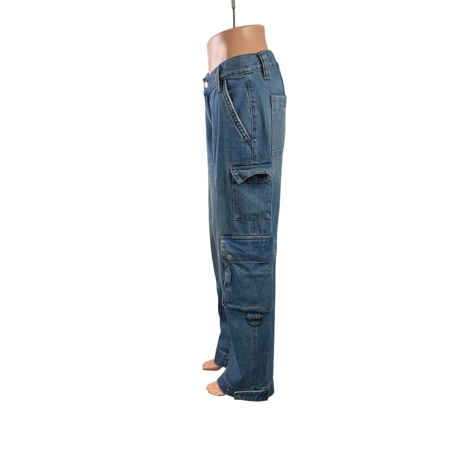 Oak + Fort Womens Blue High Waisted Straight Wide Leg Cargo Denim Jeans Pants 26 - Image 2