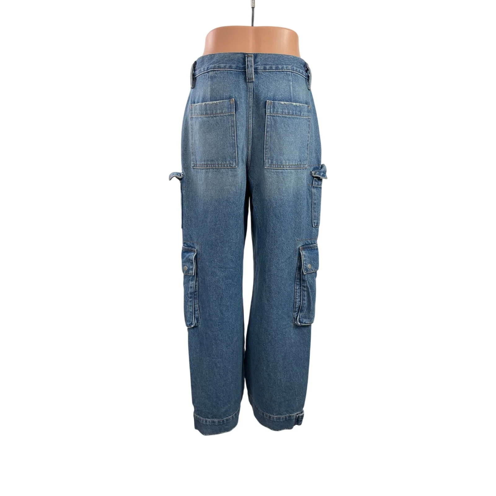 Oak + Fort Womens Blue High Waisted Straight Wide Leg Cargo Denim Jeans Pants 26 - Image 3