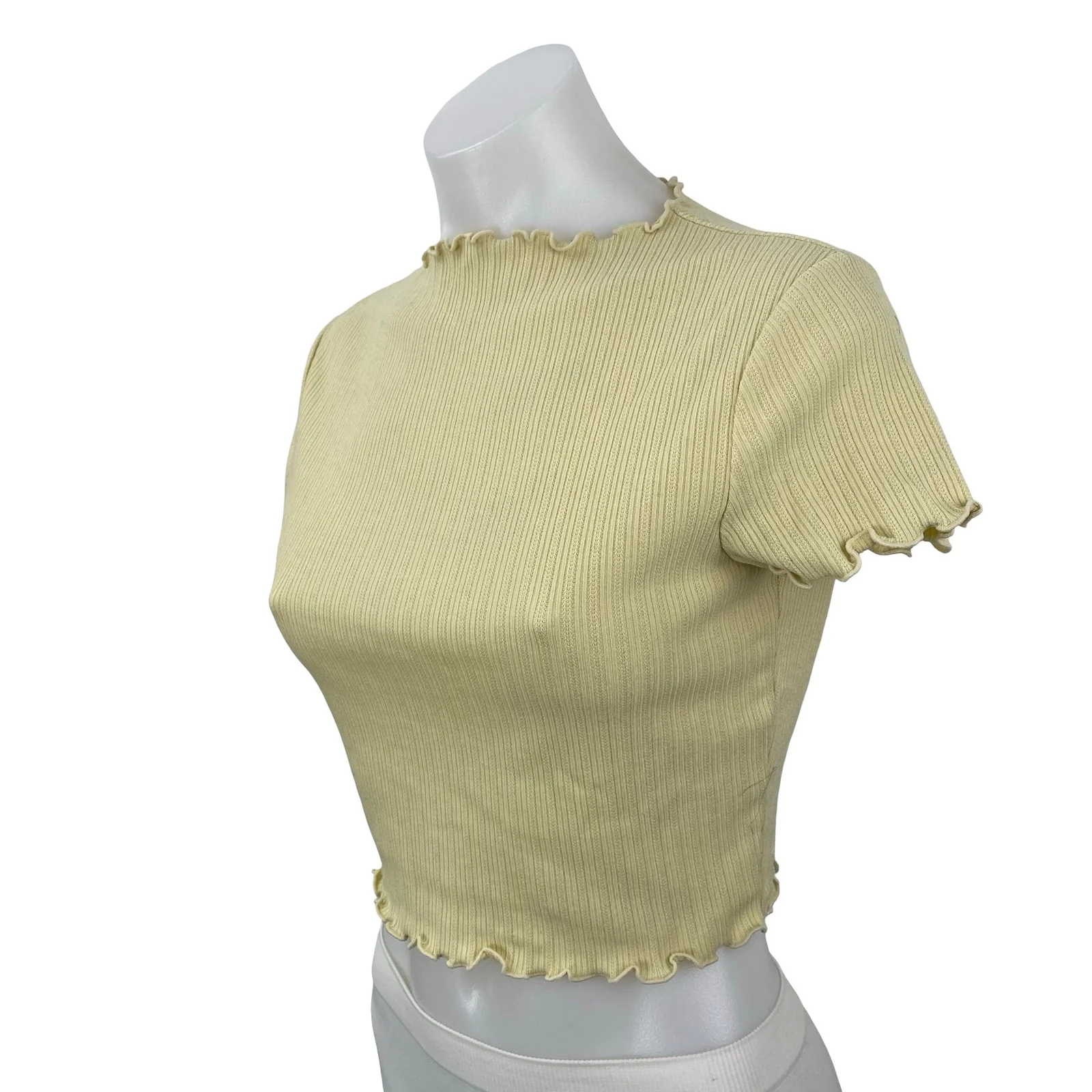 Oak + Fort Yellow Ribbed Lettuce Trim Hem Short Sleeve Crop Tee T-Shirt Top XS - Image 3