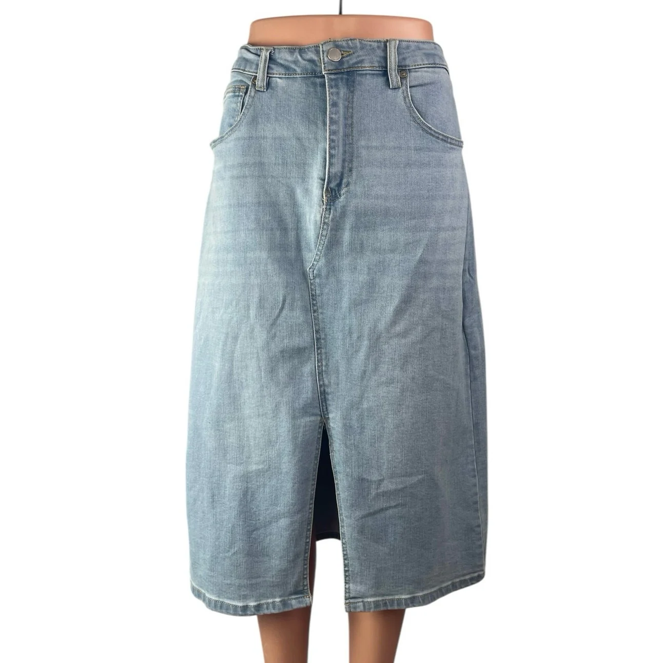 OAT Blue Light Wash High Waisted Split A Line Midi Denim Jean Skirt Size 10/30