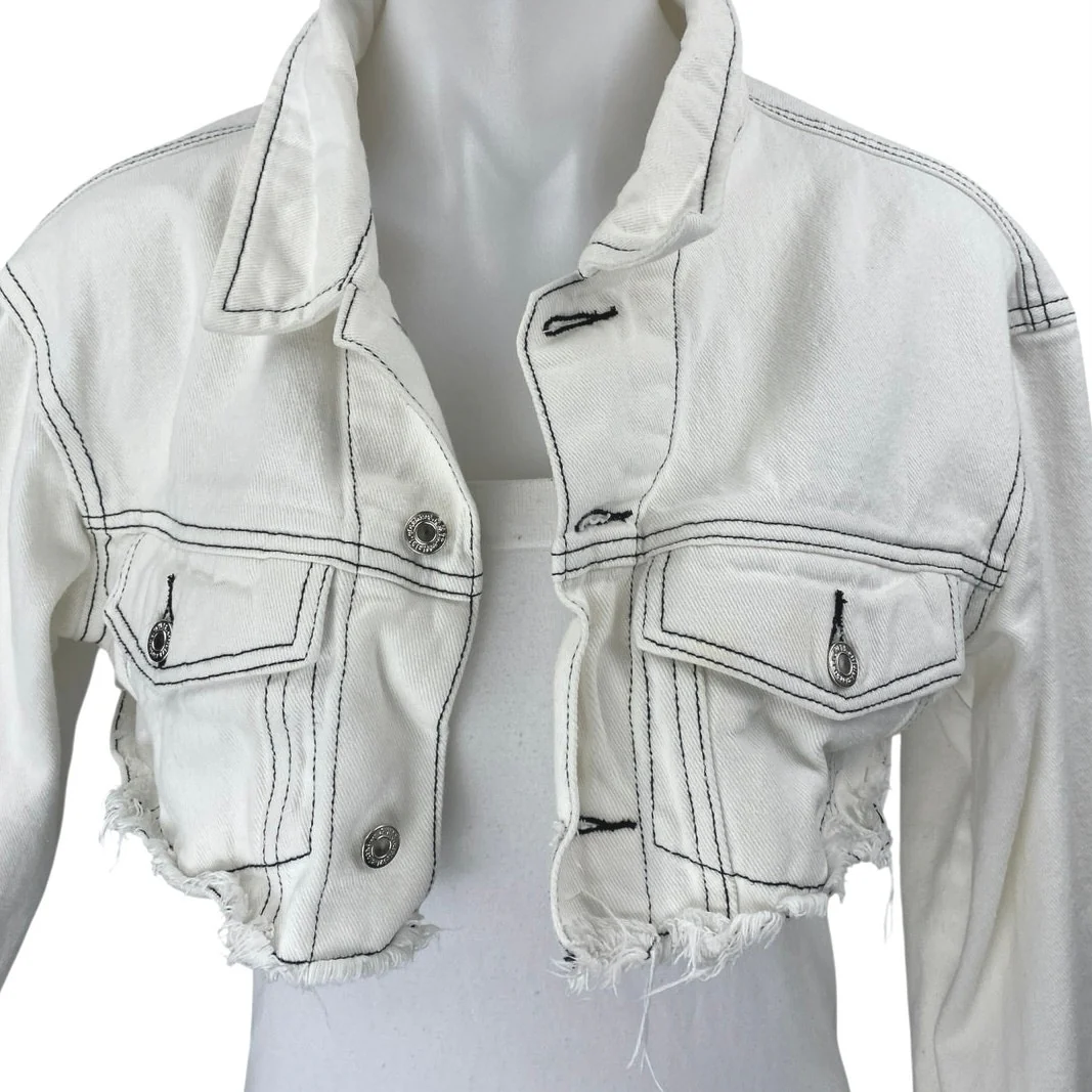 Oh My T Shirt Women's White Long Sleeve Cutoff Crop Denim Jean Jacket Size S - Image 3