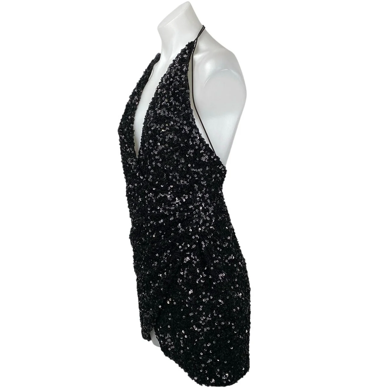 Oh Polly Black Sleeveless Sequin Plunging Halter V-neck Mini Bodycon Dress Sz 6 - Image 3