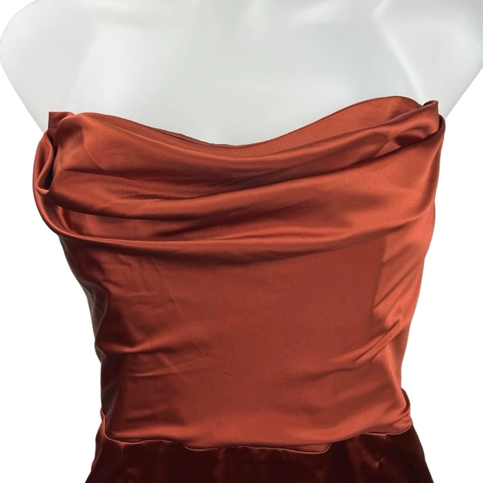 Oh Polly NWT Orange Satin Strapless Cowl Neck Cocktail Zip Mini Sheath Dress 8 - Image 3