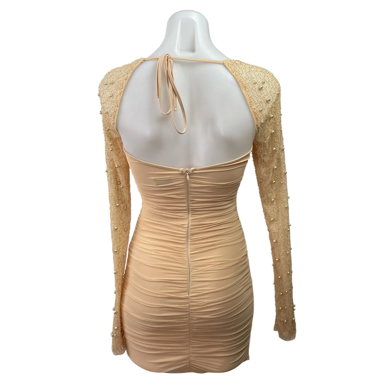 Oh Polly Orange Beaded Long Sleeve Open Back Ruched Mini Bodycon Dress Size S - Image 3